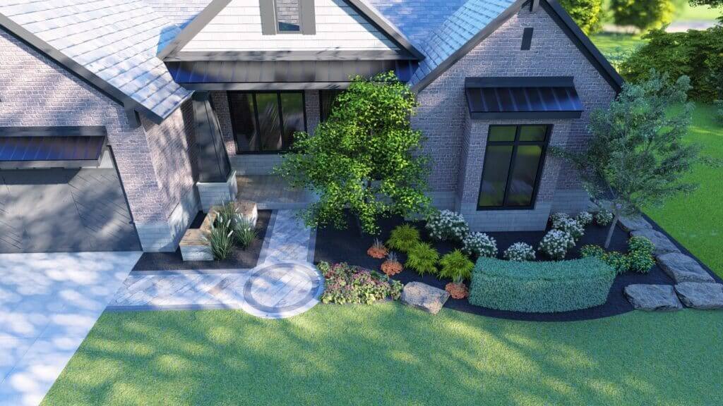A beautifully designed stone patio layout featuring an elegant fire pit and built-in seating walls expertly installed by local hardscape contractors.